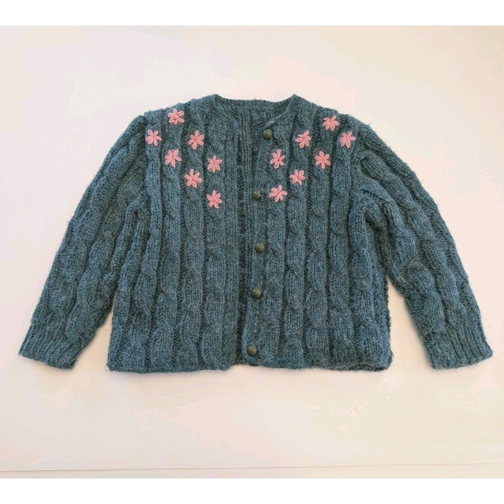 Vintage Girls Hand Knit Crochet Sweater Cardigan Green Pink Flowers Handmade 2T?